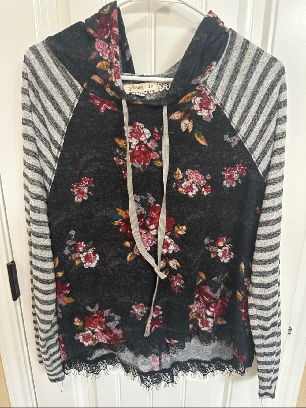Rewind Black Floral Lace-Trim Striped Sleeve Hoodie
